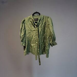 No. 6 Store Women's Stripe Tie Neck 3/4 Sleeve Blouse Green Size 0 Silk‎ Blend